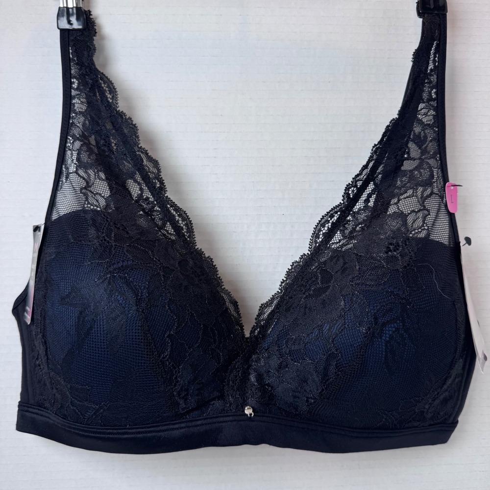 Maidenform No Wire Plunge Bra Women L Navy Blue Black Lace DM7962 Wireless